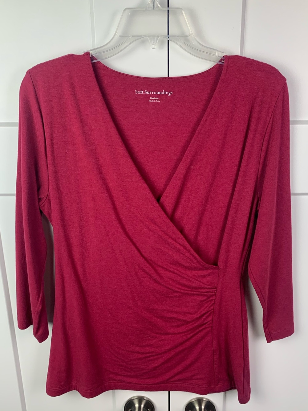 Soft Surroundings MEDIUM Pink Red Faux Wrap Top V Neck Stretch